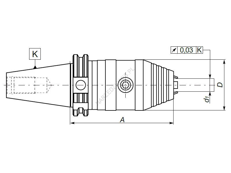 Rysunek techniczny: Oprawka z chw. DIN 69871 z uchwytem wiertarskim kluczyk.: T.7660 DIN40/FI13 105mm - KOLNO